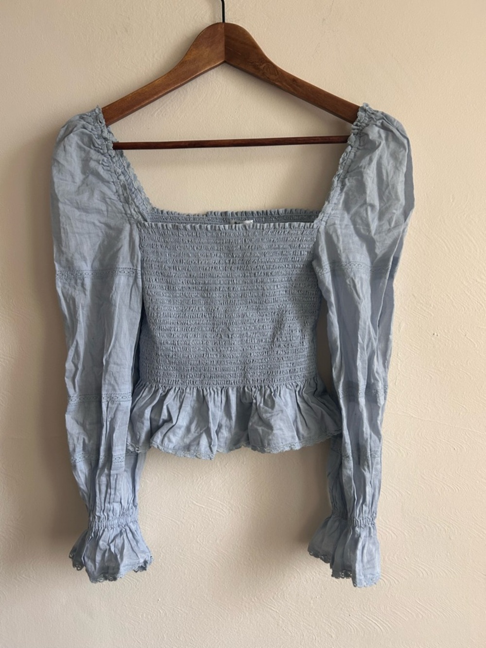 Reformation Smocked Puff Sleeve Crop Top – Dusty Blue (100% Organic Cotton)